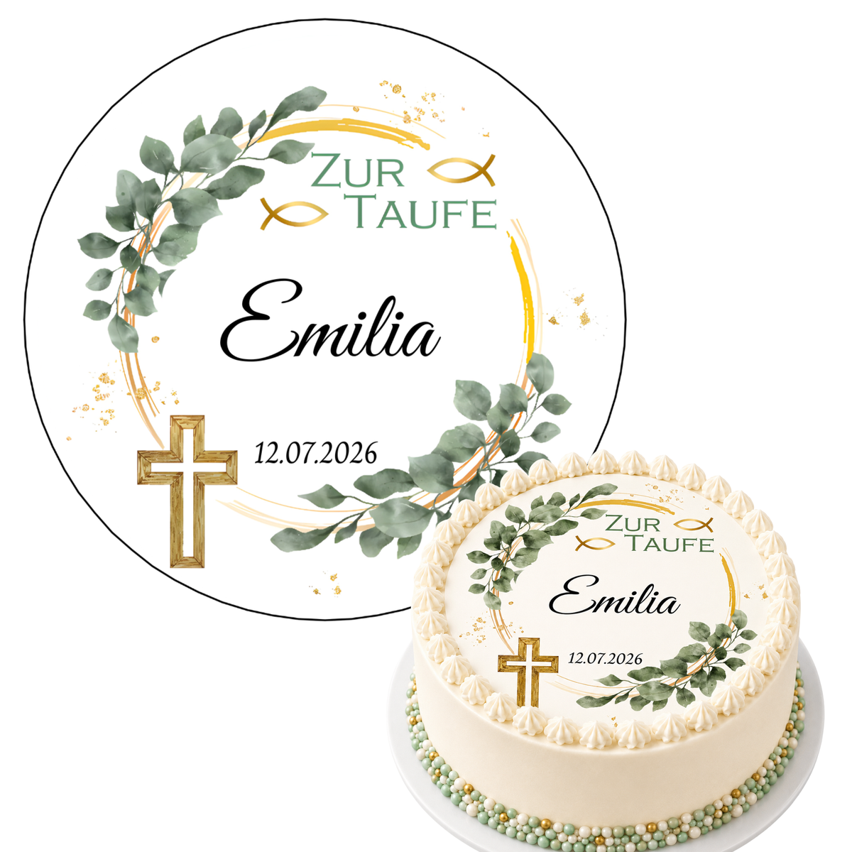 Tortenaufleger Taufe personalisiert – Eukalyptus Ranke gold