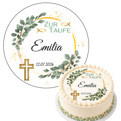 Tortenaufleger Taufe personalisiert – Eukalyptus Ranke gold