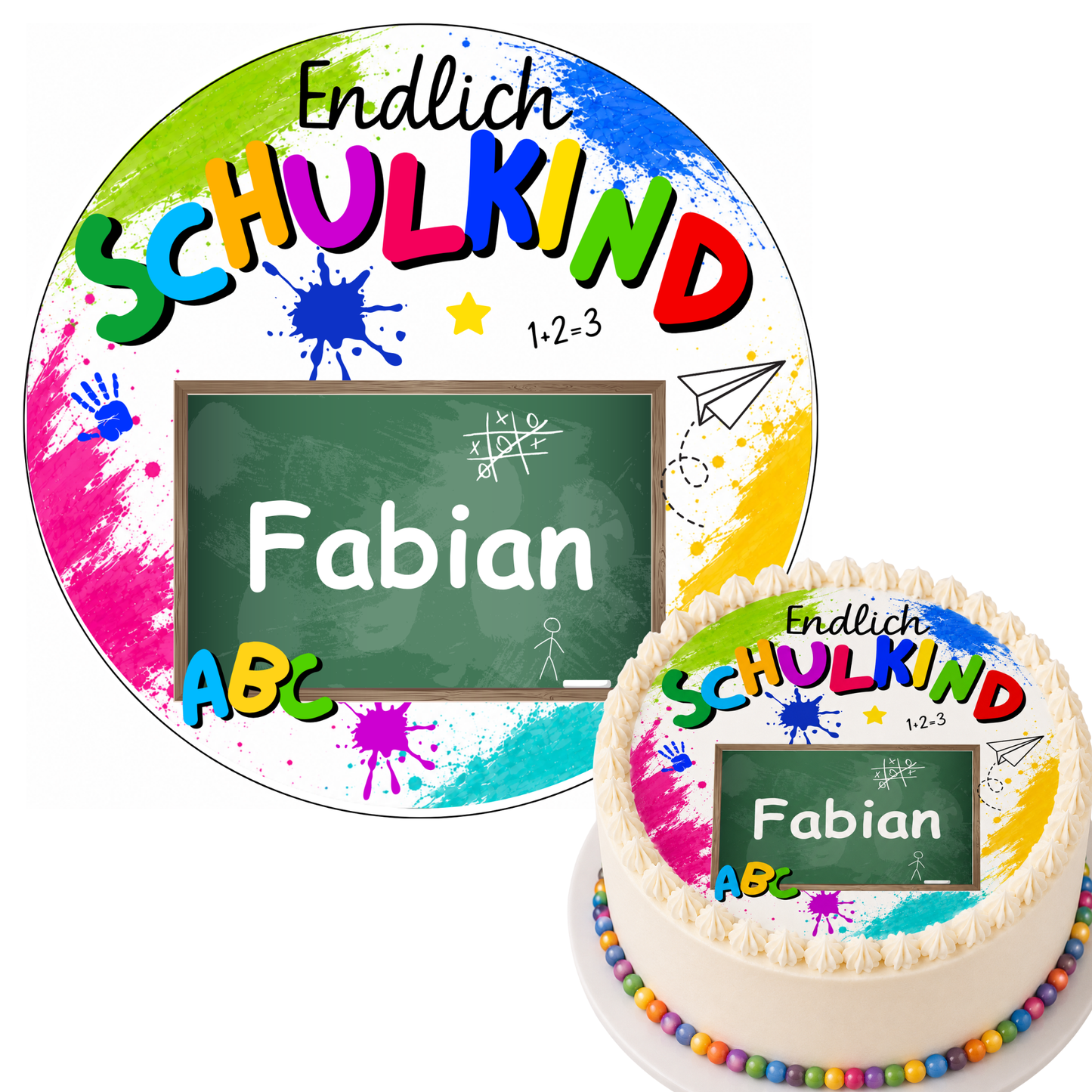 Tortenaufleger Einschulung endlich Schulkind – bunt mit Schultafel, personalisiert mit Name