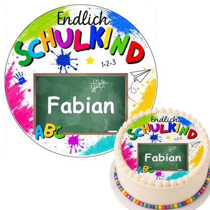 Tortenaufleger Einschulung endlich Schulkind – bunt mit Schultafel, personalisiert mit Name