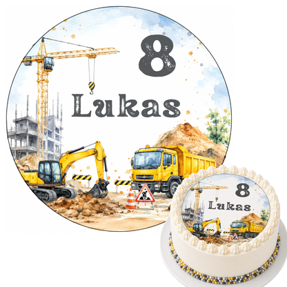 Tortenaufleger Baustelle personalisierbar mit Name und Zahl – rund 20 cm, Kindergeburtstag Junge, Bagger Kran LKW