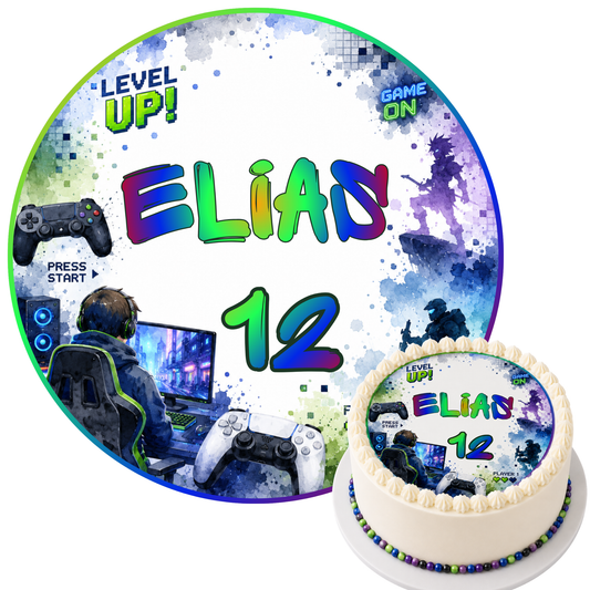 Tortenaufleger Gaming Gamer auf Torte – Beispiel mit Name und Alter, Kindergeburtstag Teens