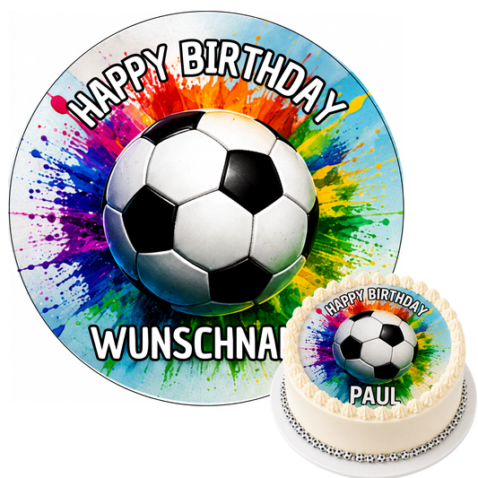 Tortenaufleger Fußball bunt auf Torte mit Wunschname – Freisteller und Tortenansicht