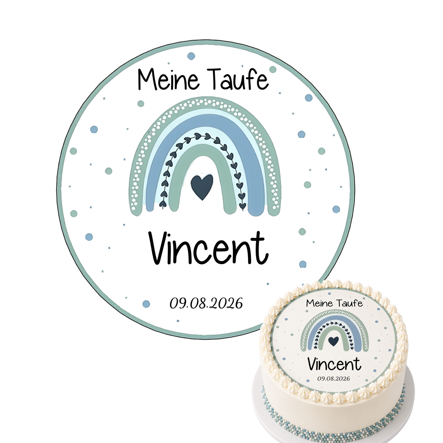 Tortenaufleger Taufe Regenbogen – türkis & mint, personalisiert