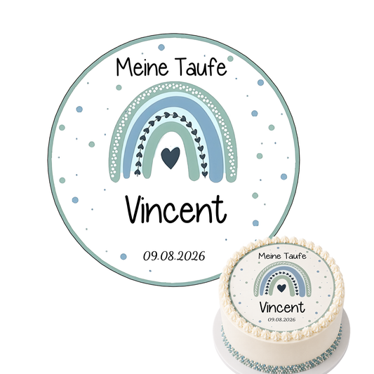 Tortenaufleger Taufe Regenbogen – türkis & mint, personalisiert