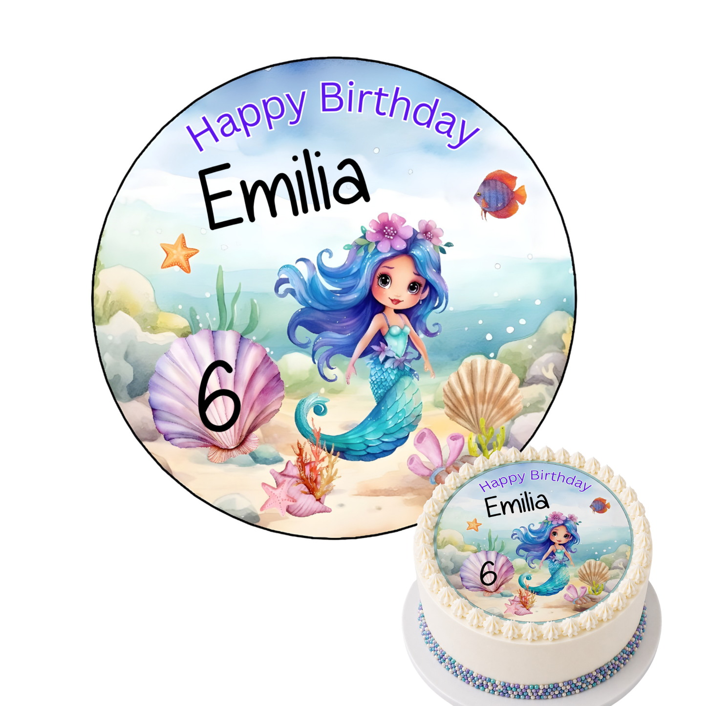 Tortenaufleger Meerjungfrau mit Name & Zahl – Happy Birthday