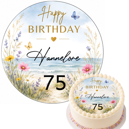Tortenaufleger Blumen Frau Geburtstag – personalisierbar mit Name & Zahl