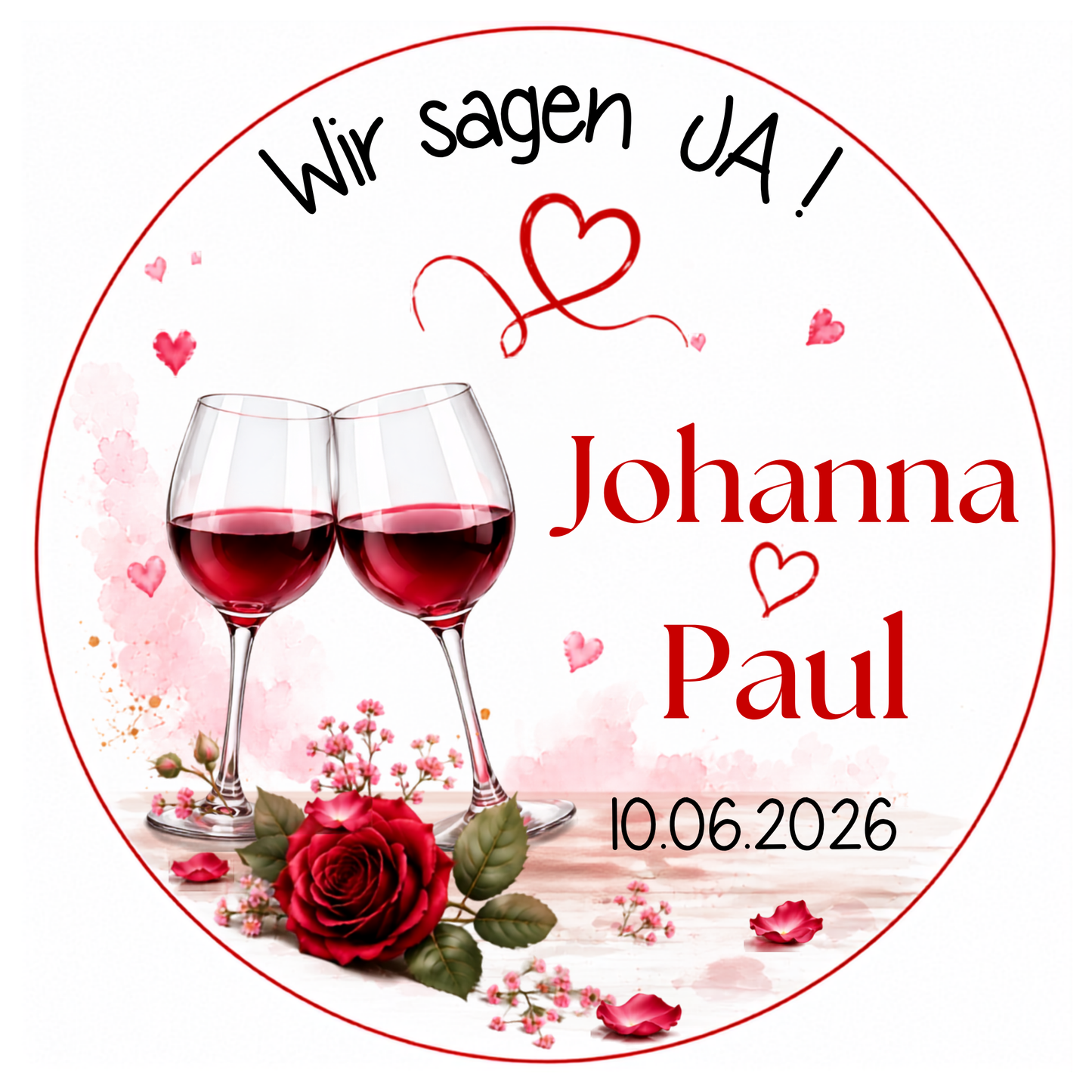 Tortenaufleger Hochzeit Wir sagen JA mit zwei Weingläsern und Rose – Motivvorschau mit Torte