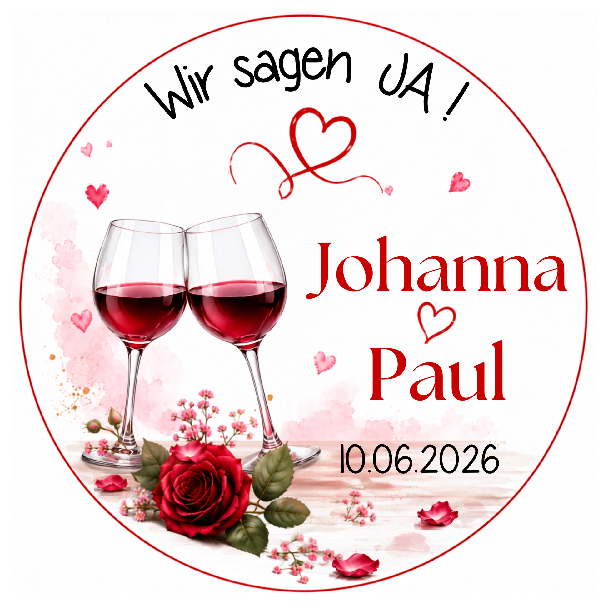 Tortenaufleger Hochzeit Wir sagen JA mit zwei Weingläsern und Rose – Motivvorschau mit Torte