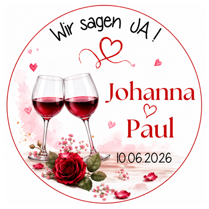 Tortenaufleger Hochzeit Wir sagen JA mit zwei Weingläsern und Rose – Motivvorschau mit Torte