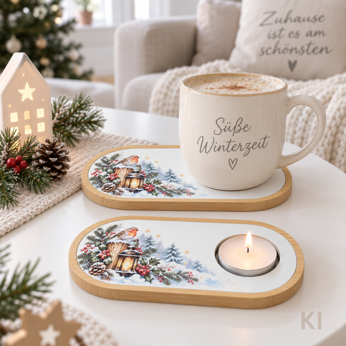 Ovaler Bambus-Untersetzer Weihnachten mit Teelichthalter – Motiv Rotkehlchen auf Laterne mit Stechpalme