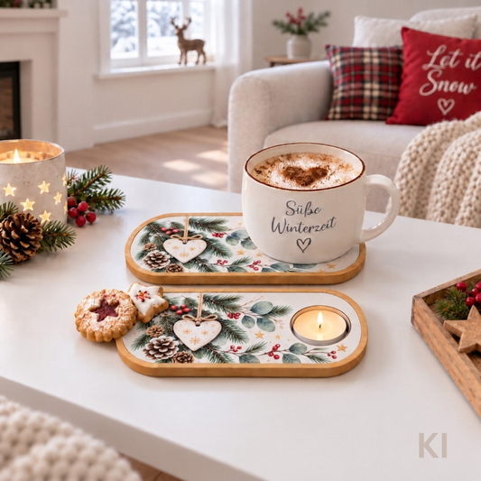 Ovaler Bambus-Untersetzer Weihnachten mit Teelichthalter – Motiv Tannengrün, Zapfen, Beeren und Holzherz