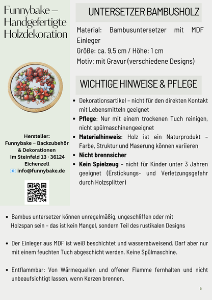 Runder Bambus-Untersetzer Weihnachten – Weihnachtsmann, Rentier & Kranz