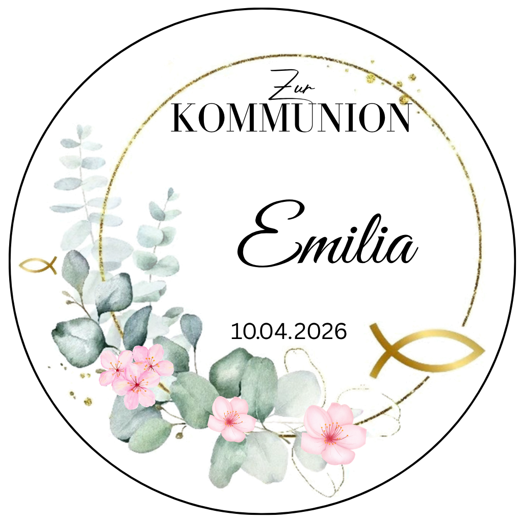 Tortenaufleger Kommunion Mädchen personalisiert – Eukalyptus Ranke gold rosa Blumen, rund 20 cm, Esspapier oder Zuckerpapier