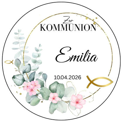 Tortenaufleger Kommunion Mädchen personalisiert – Eukalyptus Ranke gold rosa Blumen, rund 20 cm, Esspapier oder Zuckerpapier