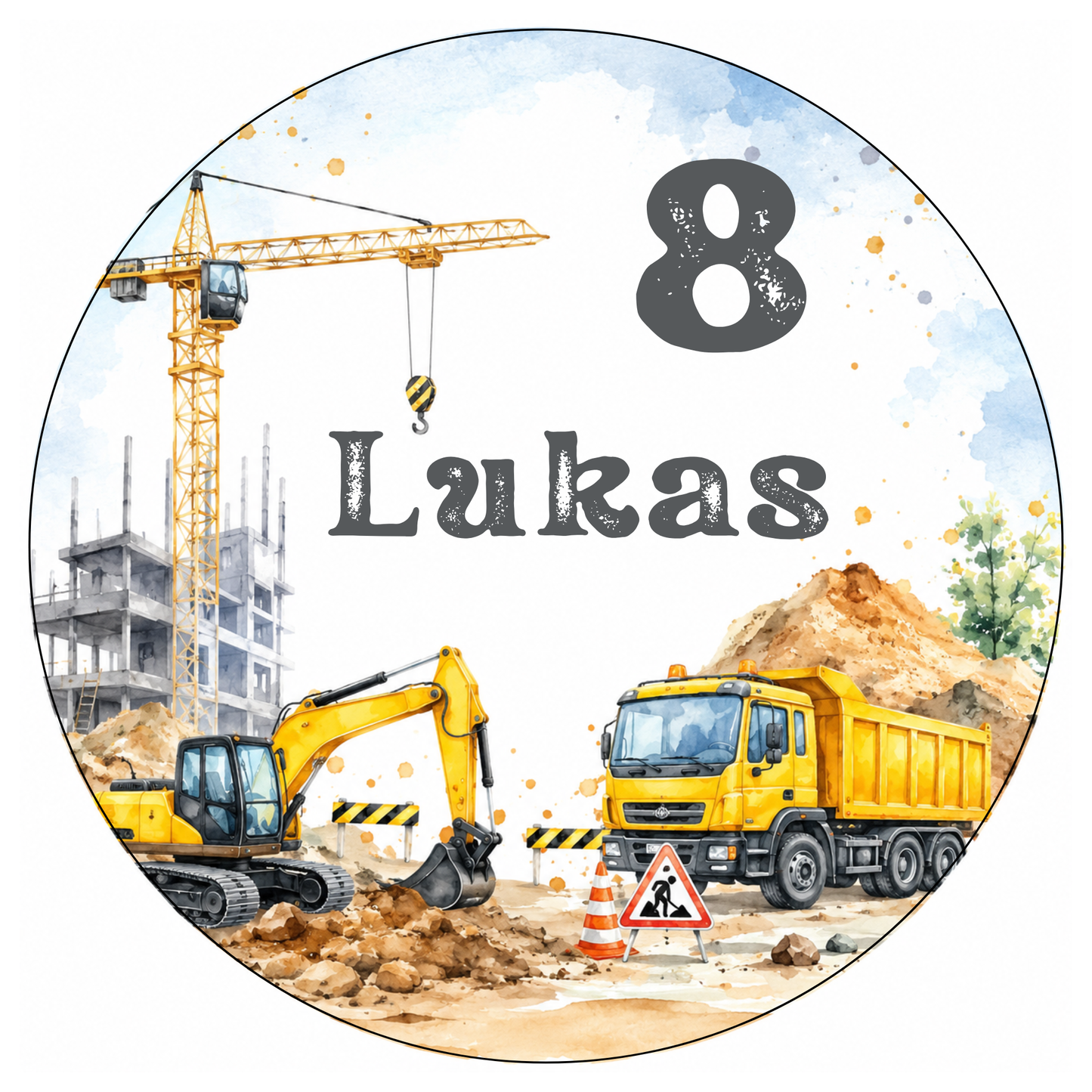 Tortenaufleger Baustelle auf Torte – Beispiel mit Name Lukas, Zahl 8, Bagger und LKW Motiv