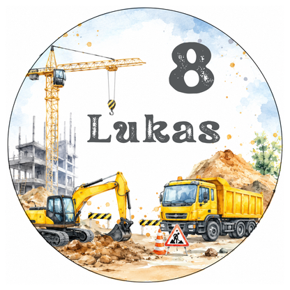 Tortenaufleger Baustelle auf Torte – Beispiel mit Name Lukas, Zahl 8, Bagger und LKW Motiv
