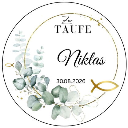 Tortenaufleger Taufe personalisiert – Eukalyptus gold Fische