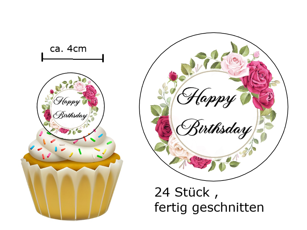 Muffinaufleger-Happy Birthday - mit Rosen