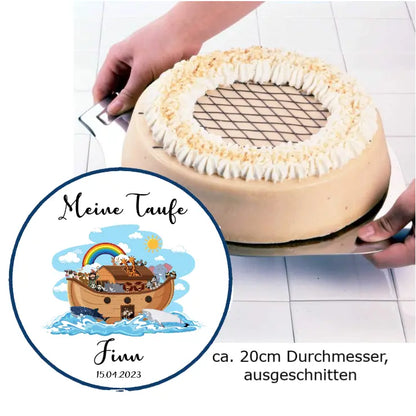Tortenaufleger-essbar-arche-noah-taufe-rund-boot-tiere-esspapier-oblate-waverpaper