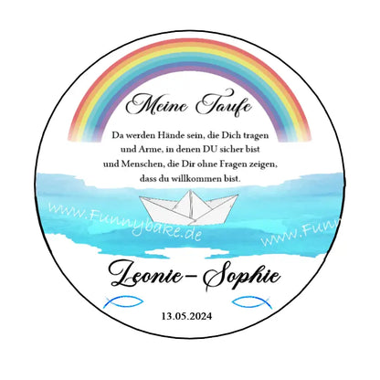 Tortenaufleger  Papierboot mit Regenbogen zur Taufe - Funny Bake