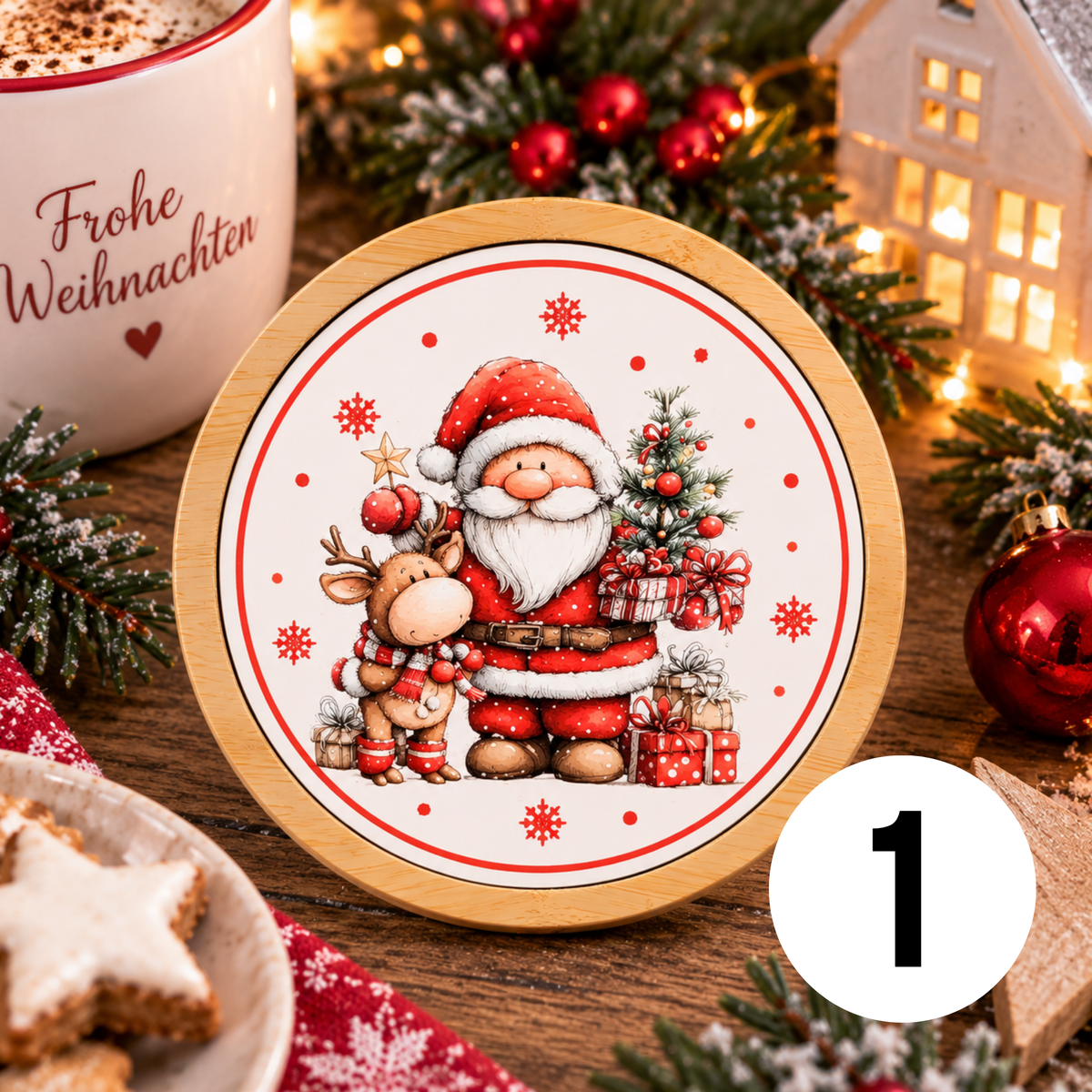 Runder Bambus-Untersetzer Weihnachten – Weihnachtsmann, Rentier & Kranz