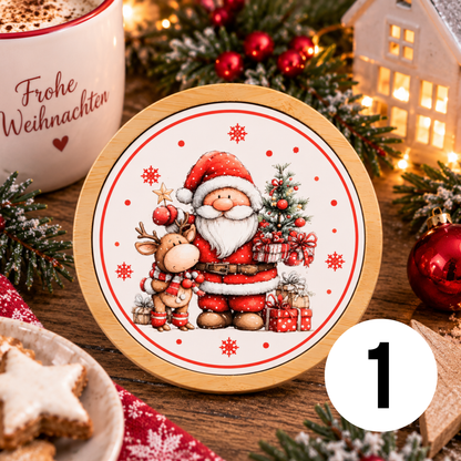 Runder Bambus-Untersetzer Weihnachten – Weihnachtsmann, Rentier & Kranz