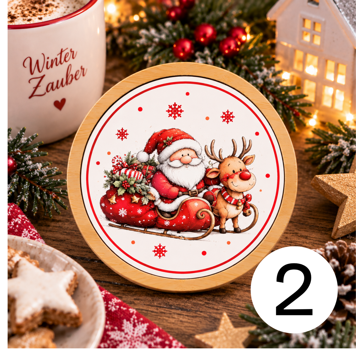 Runder Bambus-Untersetzer Weihnachten – Weihnachtsmann, Rentier & Kranz