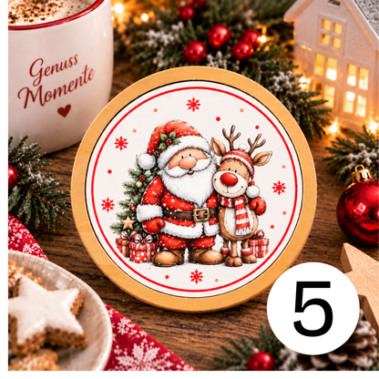 Runder Bambus-Untersetzer Weihnachten – Weihnachtsmann, Rentier & Kranz