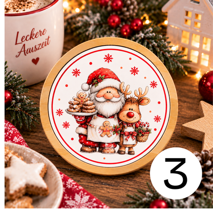 Runder Bambus-Untersetzer Weihnachten – Weihnachtsmann, Rentier & Kranz