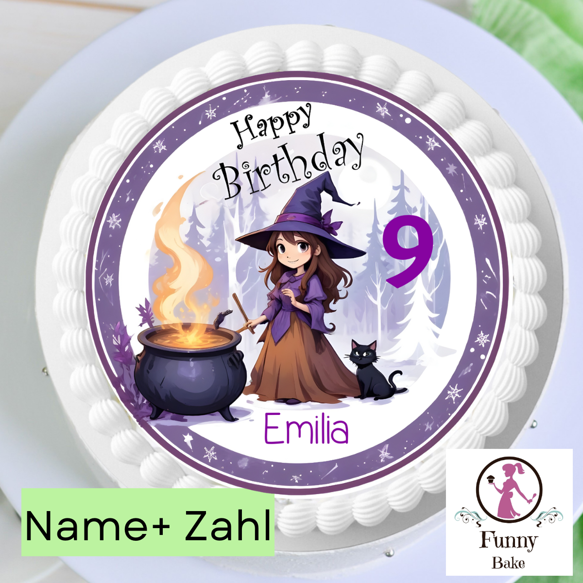 tortenaufleger personalisiert  kleine hexe lila aufleger lächelnd kessel katze rund aufleger torte kindergeburtstag personalisiert name zahl