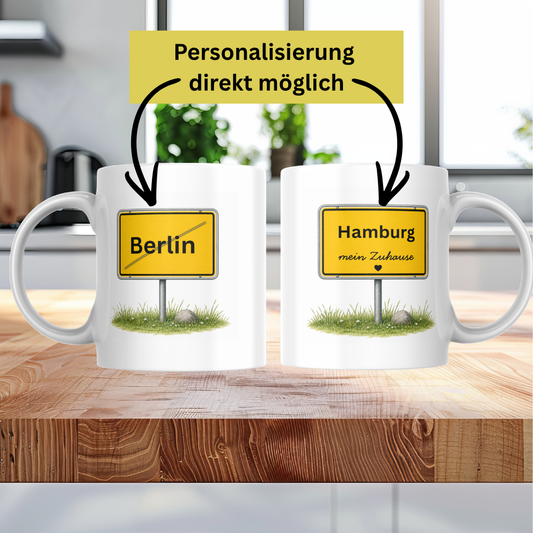 Tasse Geschenk Ortsschild "Umzug Neue Stadt Studium"