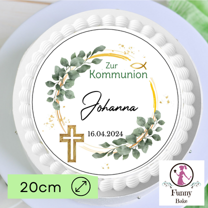 Tortenaufleger Kommunion Eukalyptus Gold mit Name und Datum rund 20 cm
