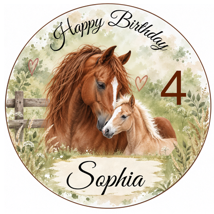 Tortenaufleger Pferd mit Pony – personalisiert mit Name & Zahl