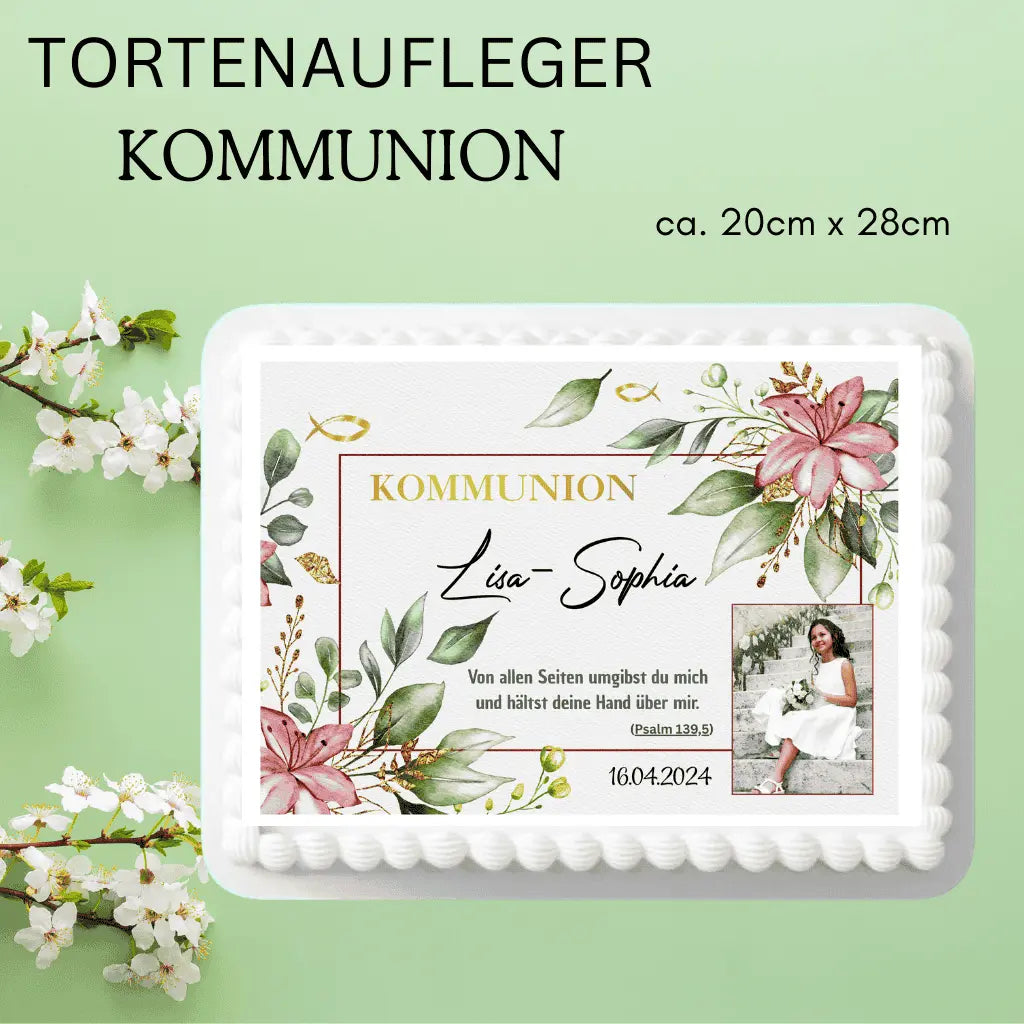 Tortenaufleger zur Kommunion mit Blumen – eckig & personalisierbar Funnybake.de
