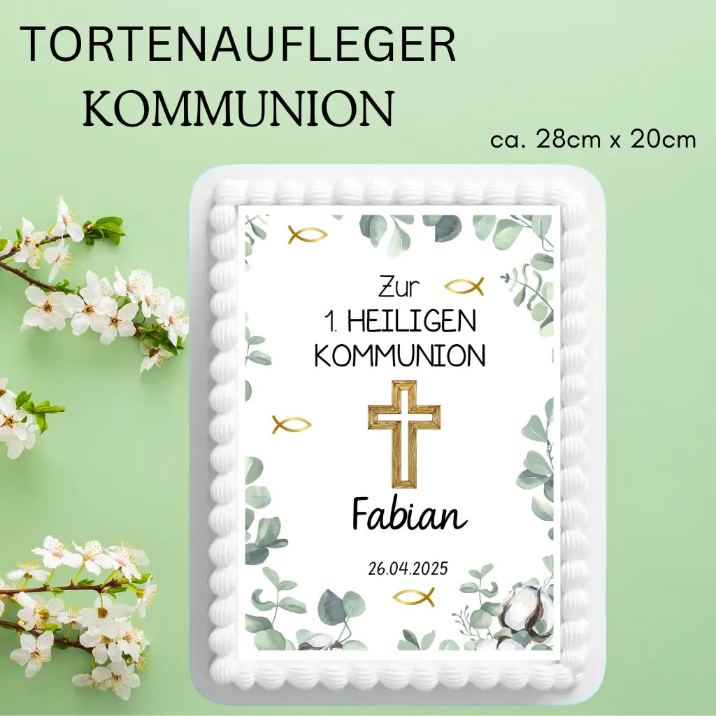 a4 großer essbarer  tortenaufleger mit eukalyptus kreuz zur Kommunion. name und kommuniondatum  personalisiert.Esspapier oder Zuckerpapier wählbar