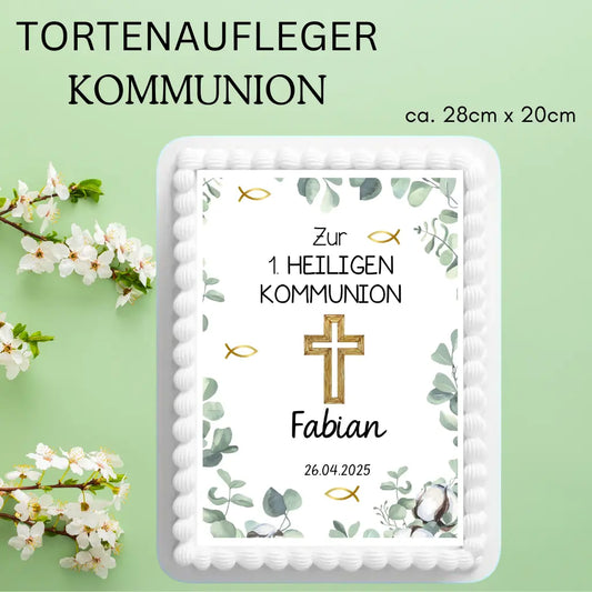 a4 großer essbarer  tortenaufleger mit eukalyptus kreuz zur Kommunion. name und kommuniondatum  personalisiert.Esspapier oder Zuckerpapier wählbar