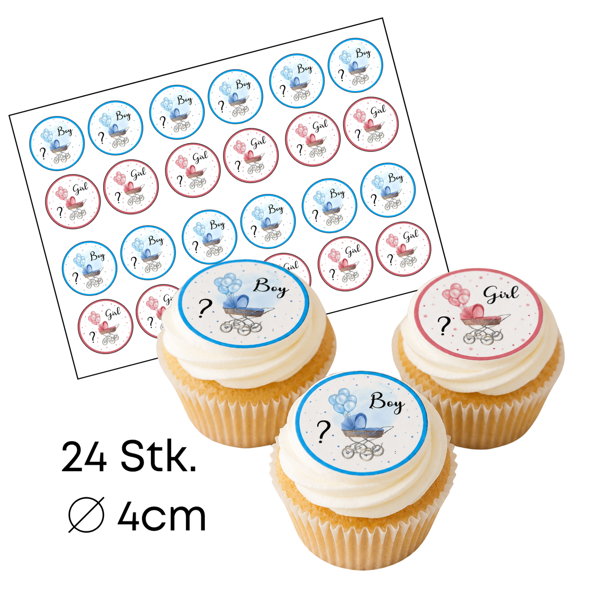 Muffinaufleger Gender Reveal Party – 24 essbare Aufleger