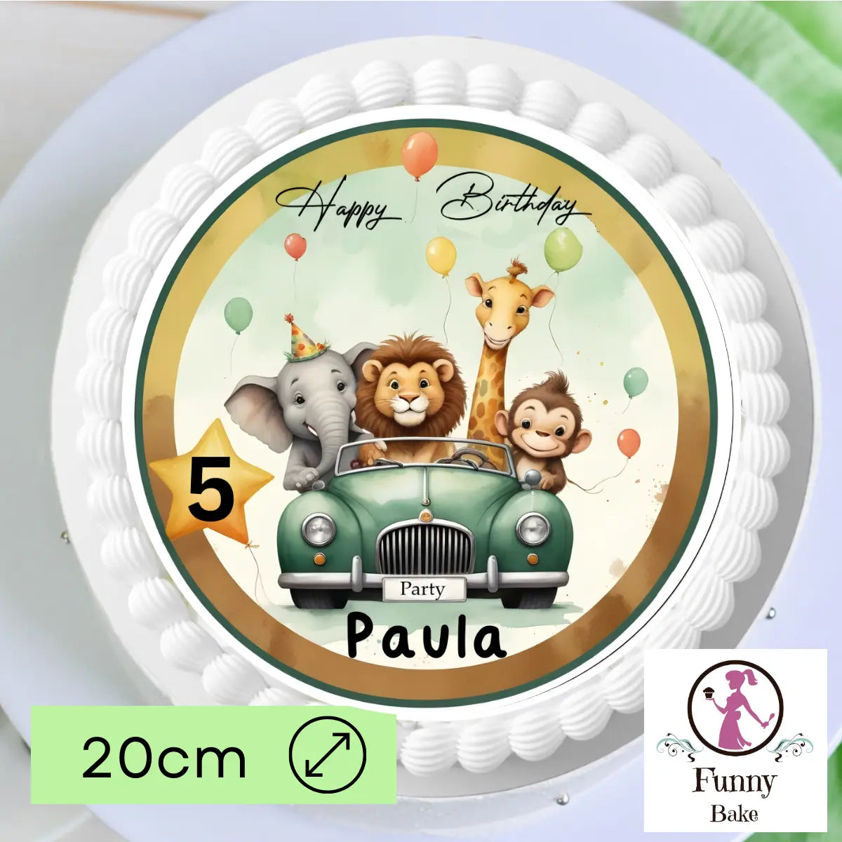 Tortenaufleger Safaritour zum Geburtstag mit Tiermotiven, rund 20 cm