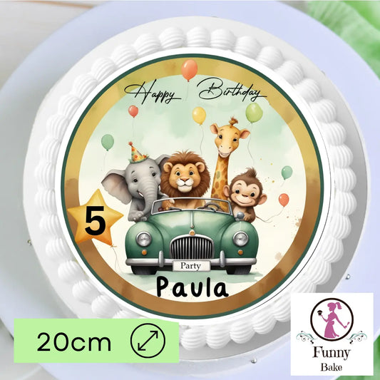 Tortenaufleger Safaritour zum Geburtstag mit Tiermotiven, rund 20 cm