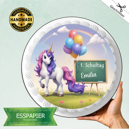 Tortenaufleger-Einhorn-Ballon-bunt-Schulanfang-Schultag-mit-Namen-Esspapier
