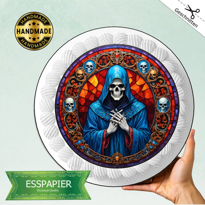 essbarer runder tortenaufleger esspapier halloween skelett mantel kapuze itte ausßen totenköpfe rot orange kachelmuster 