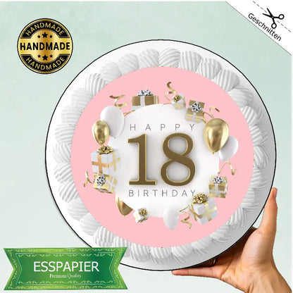 Tortenaufleger Happy Birthday 18 roa weiß gold - Funny Bake