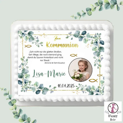 Tortenaufleger Kommunion eukalyptus eckig - Funny Bake