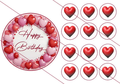 Tortenaufleger Happy Birthday Herzen mit Muffin Aufleger - Funny Bake