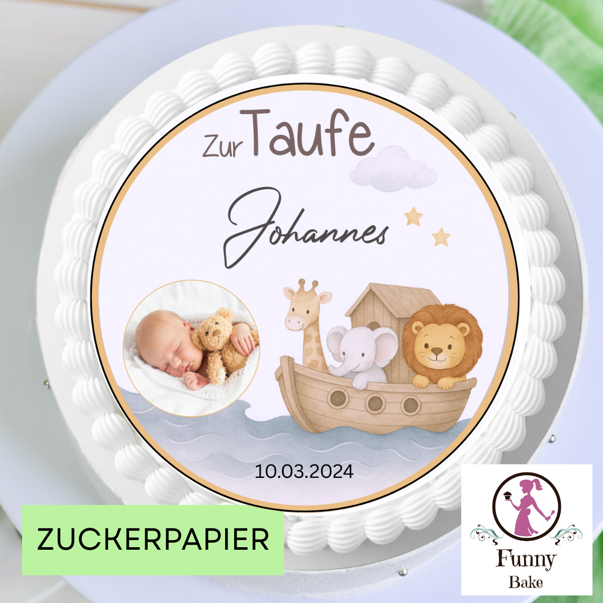 Runder Tortenaufleger zur Taufe in 20 cm Durchmesser auf klassischer Torte