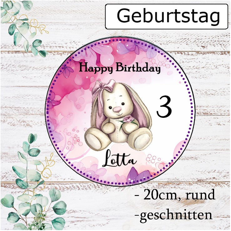 Essbar-Tortenaufleger-Rosa-Pink-Flieder-Lila-Hase-Teddy-zeichnung-Name-Zahl