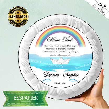 Tortenaufleger  Papierboot mit Regenbogen zur Taufe - Funny Bake