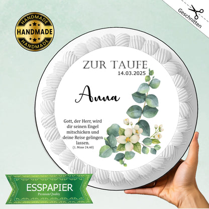 Tortenaufleger Taufe Eukalyptus mit Blume - Funny Bake