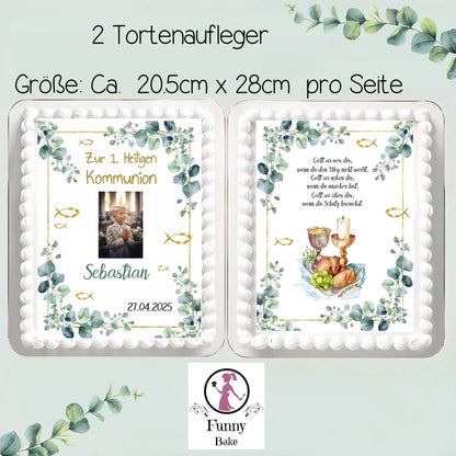 2 essbare tortenaufleger 1a groß hochkannt. grüne blätterranken mit goldrahmen wasserfarbenoptik umrahmen beide aufleger. photo name und kommuniondatum links. recht vers und kirchliche elemente. 